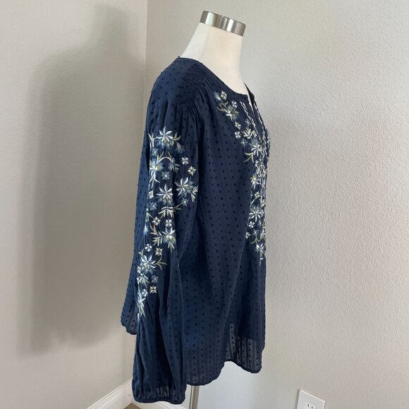 J Jill Womens XL Navy Embroidered Tunic Top Blouse Long Sleeve Floral Boho - Picture 4 of 12